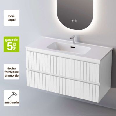 Meuble de salle de bain plan vasque Céramique, 2 Tiroirs,l80xh54xp45, Laqué Blanc Mat, GLOW