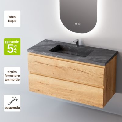 Meuble de salle de bain plan vasque Céramique, 2 Tiroirs,l80xh54xp45, Laqué Blanc Mat, STEP