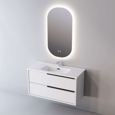 Meuble de salle de bain plan vasque Céramique, 2 Tiroirs Poignée Noir, l80xh54xp45, Laqué Blanc Mat, LIKE