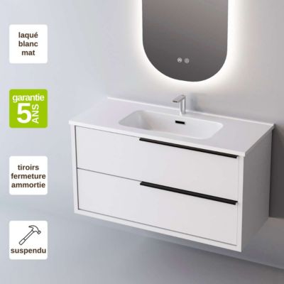 Meuble de salle de bain plan vasque Céramique, 2 Tiroirs Poignée Noir, l80xh54xp45, Laqué Blanc Mat, LIKE