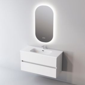 Meuble de salle de bain plan vasque Céramique, 2 Tirois, l100xh54xp45, Laqué Blanc Brillant, ANCONA