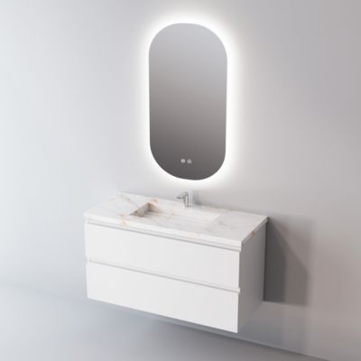 Meuble de salle de bain plan vasque Grès Cérame Blanc, 2 Tiroirs,l60xh54xp45, Laqué Blanc Mat, STEP