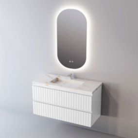 Meuble de salle de bain plan vasque Grès Cérame Blanc, 2 Tirois, l100xh54xp45, Laqué Blanc Mat, GLOW