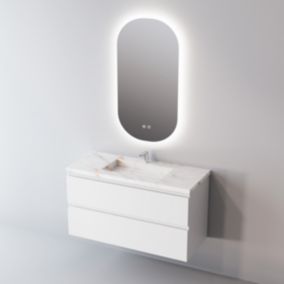 Meuble de salle de bain plan vasque Grès Cérame Blanc, 2 Tirois, l100xh54xp45, Laqué Blanc Mat, STEP