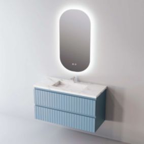 Meuble de salle de bain plan vasque Grès Cérame Blanc, 2 Tirois, l100xh54xp45, Laqué Cobalt Mat, GLOW