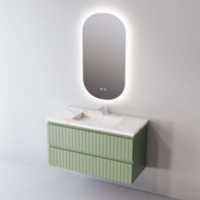 Meuble de salle de bain plan vasque Grès Cérame Blanc, 2 Tirois, l100xh54xp45, Laqué Mint Mat, GLOW