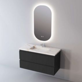 Meuble de salle de bain plan vasque Grès Cérame Blanc, 2 Tirois, l100xh54xp45, Laqué Noir Mat, GLOW