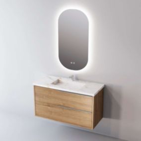 Meuble de salle de bain plan vasque Grès Cérame Blanc, 2 Tirois Poignée Inox Satiné, l100xh54xp45, Effet 3D, LISTELLO