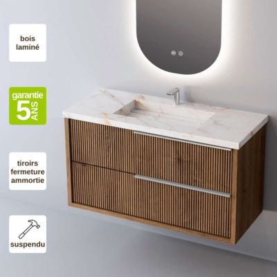 Meuble de salle de bain plan vasque Grès Cérame Blanc, 2 Tirois Poignée Inox Satiné, l100xh54xp45, Effet 3D, TREND