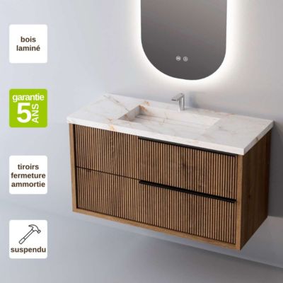 Meuble de salle de bain plan vasque Grès Cérame Blanc Storm, 2 Tiroirs Chêne Foncé, Poignée Noir, l100xh54xp45, Effet 3D, TREND