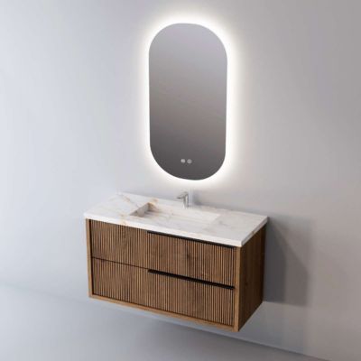 Meuble de salle de bain plan vasque Grès Cérame Blanc Storm, 2 Tiroirs Chêne Foncé, Poignée Noir, l80xh54xp45, Effet 3D, TREND