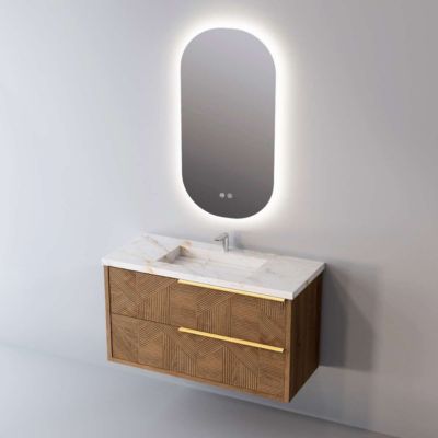 Meuble de salle de bain plan vasque Grès Cérame Blanc Storm, 2 Tiroirs Chêne Moyen Poignée Or, l100xh54xp45, Effet 3D, REEL