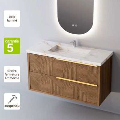 Meuble de salle de bain plan vasque Grès Cérame Blanc Storm, 2 Tiroirs Chêne Moyen Poignée Or, l100xh54xp45, Effet 3D, REEL