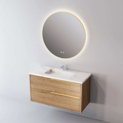 Meuble de salle de bain plan vasque Grès Cérame Blanc Storm, 2 Tiroirs Chêne Naturel, Poignée Or, l100xh54xp45, Effet 3D, LISTELLO