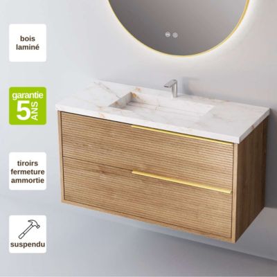 Meuble de salle de bain plan vasque Grès Cérame Blanc Storm, 2 Tiroirs Chêne Naturel, Poignée Or, l100xh54xp45, Effet 3D, LISTELLO