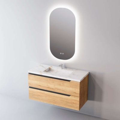 Meuble de salle de bain plan vasque Grès Cérame Blanc Storm, 2 Tiroirs,l100xh54xp45, Chêne Clair, DUO