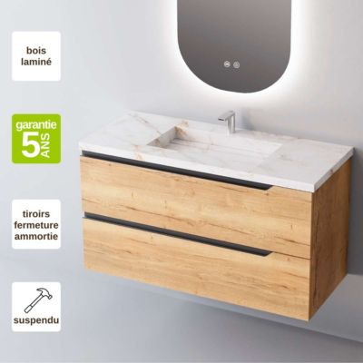 Meuble de salle de bain plan vasque Grès Cérame Blanc Storm, 2 Tiroirs,l100xh54xp45, Chêne Clair, DUO
