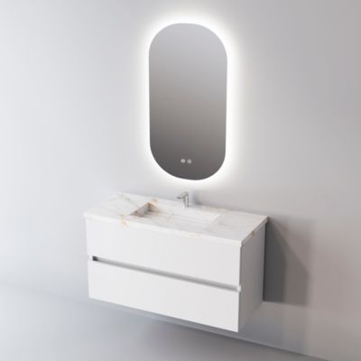 Meuble de salle de bain plan vasque Grès Cérame Blanc Storm, 2 Tiroirs,l100xh54xp45, Laqué Blanc Brillant, ANCONA