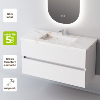 Meuble de salle de bain plan vasque Grès Cérame Blanc Storm, 2 Tiroirs,l60xh54xp45, Laqué Blanc Brillant, ANCONA