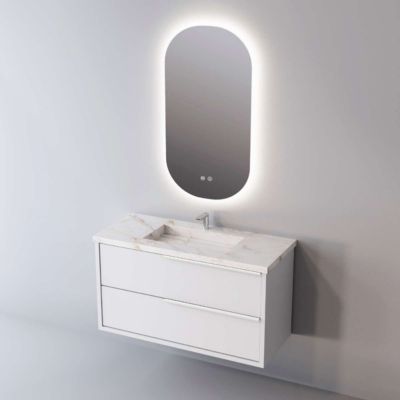 Meuble de salle de bain plan vasque Grès Cérame Blanc Storm, 2 Tiroirs Poignée Inox Satiné, l100xh54xp45, Laqué Blanc Mat, LIKE
