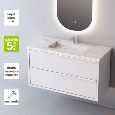 Meuble de salle de bain plan vasque Grès Cérame Blanc Storm, 2 Tiroirs Poignée Inox Satiné, l100xh54xp45, Laqué Blanc Mat, LIKE