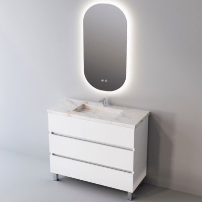 Meuble de salle de bain plan vasque Grès Cérame Blanc Storm, 3 Tiroirs,l100xh90xp45, Laqué Blanc Brillant, ATRANI