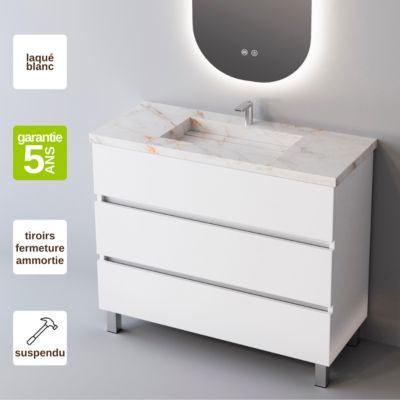 Meuble de salle de bain plan vasque Grès Cérame Blanc Storm, 3 Tiroirs,l100xh90xp45, Laqué Blanc Brillant, ATRANI