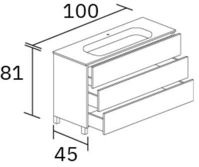 Meuble de salle de bain plan vasque Grès Cérame Blanc Storm, 3 Tiroirs,l100xh90xp45, Laqué Blanc Brillant, ATRANI