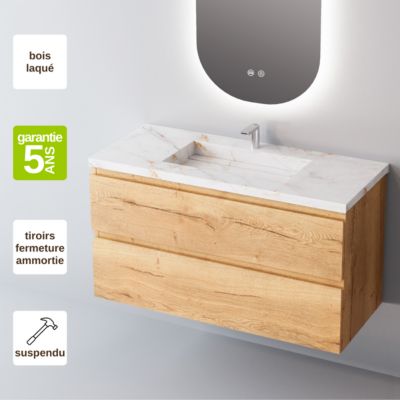 Meuble de salle de bain plan vasque Grès Cérame Noir, 2 Tiroirs,l60xh54xp45, Chêne Clair, STEP