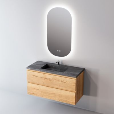 Meuble de salle de bain plan vasque Grès Cérame Noir, 2 Tiroirs,l80xh54xp45, Chêne Clair, STEP