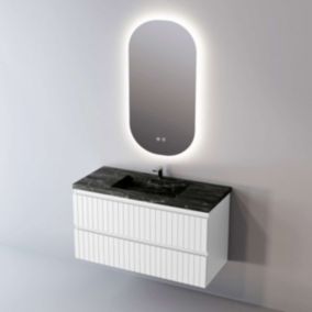 Meuble de salle de bain plan vasque Grès Cérame Noir, 2 Tirois, l60xh54xp45, Laqué Blanc Mat, GLOW