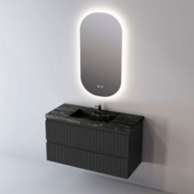 Meuble de salle de bain plan vasque Grès Cérame Noir, 2 Tirois, l60xh54xp45, Laqué Noir Mat, GLOW