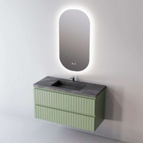 Meuble de salle de bain plan vasque Grès Cérame Noir, 2 Tirois, l80xh54xp45, Laqué Mint Mat, GLOW