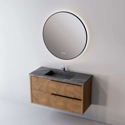 Meuble de salle de bain plan vasque Grès Cérame Noir Allure, 2 Tiroirs Chêne Moyen Poignée Noir, l100xh54xp45, Effet 3D, REEL