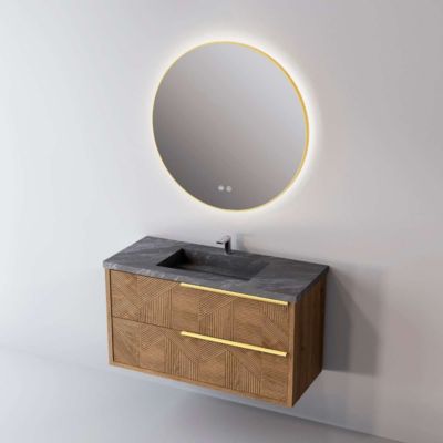 Meuble de salle de bain plan vasque Grès Cérame Noir Allure, 2 Tiroirs Chêne Moyen Poignée Or, l80xh54xp45, Effet 3D, REEL