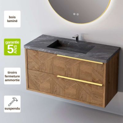Meuble de salle de bain plan vasque Grès Cérame Noir Allure, 2 Tiroirs Chêne Moyen Poignée Or, l80xh54xp45, Effet 3D, REEL