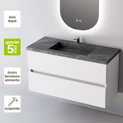 Meuble de salle de bain plan vasque Grès Cérame Noir Allure, 2 Tiroirs,l100xh54xp45, Laqué Blanc Brillant, ANCONA