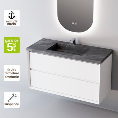 Meuble de salle de bain plan vasque Grès Cérame Noir Allure, 2 Tiroirs,l100xh54xp45, Laqué Blanc Mat, COOL