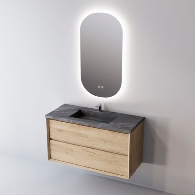 Meuble de salle de bain plan vasque Grès Cérame Noir Allure, 2 Tiroirs,l60xh54xp45, Chêne Naturel, COOL