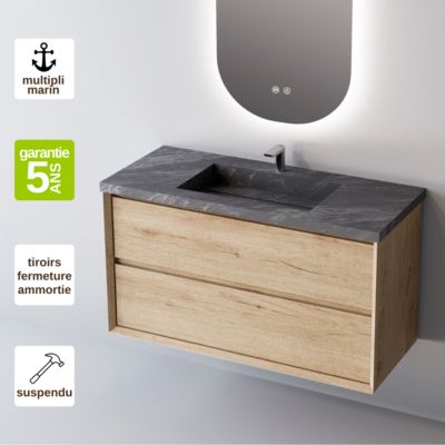 Meuble de salle de bain plan vasque Grès Cérame Noir Allure, 2 Tiroirs,l60xh54xp45, Chêne Naturel, COOL