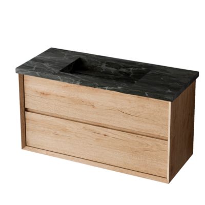Meuble de salle de bain plan vasque Grès Cérame Noir Allure, 2 Tiroirs,l60xh54xp45, Chêne Naturel, COOL