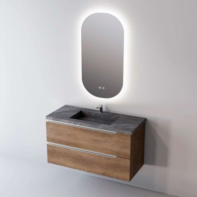 Meuble de salle de bain plan vasque Grès Cérame Noir Allure, 2 Tiroirs,l80xh54xp45, Chêne Foncé, DUO