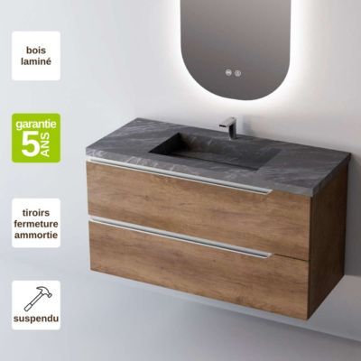 Meuble de salle de bain plan vasque Grès Cérame Noir Allure, 2 Tiroirs,l80xh54xp45, Chêne Foncé, DUO