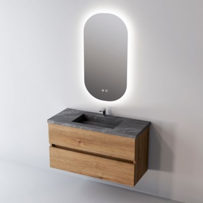 Meuble de salle de bain plan vasque Grès Cérame Noir Allure, 2 Tiroirs,l80xh54xp45, Chêne Naturel, ANCONA