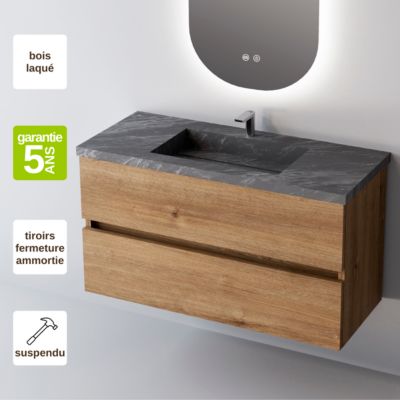 Meuble de salle de bain plan vasque Grès Cérame Noir Allure, 2 Tiroirs,l80xh54xp45, Chêne Naturel, ANCONA