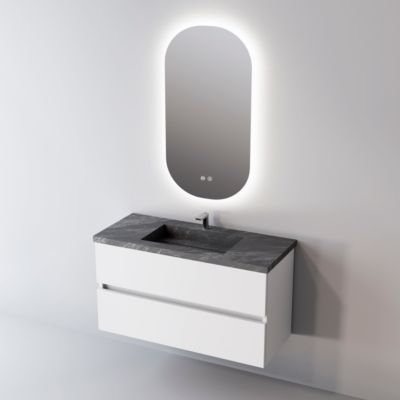 Meuble de salle de bain plan vasque Grès Cérame Noir Allure, 2 Tiroirs,l80xh54xp45, Laqué Blanc Brillant, ANCONA