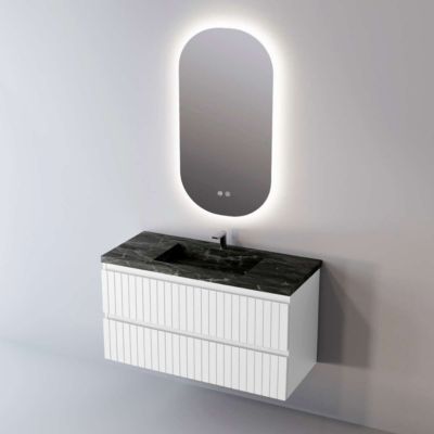 Meuble de salle de bain plan vasque Grès Cérame Noir Allure, 2 Tiroirs,l80xh54xp45, Laqué Blanc Mat, GLOW