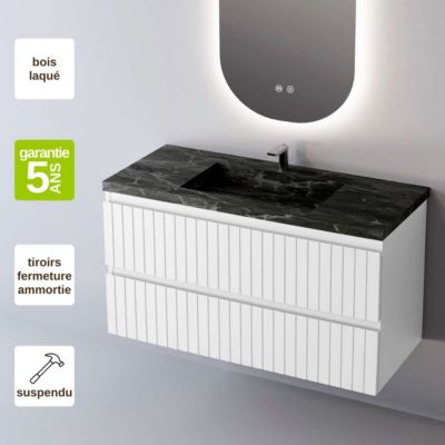 Meuble de salle de bain plan vasque Grès Cérame Noir Allure, 2 Tiroirs,l80xh54xp45, Laqué Blanc Mat, GLOW