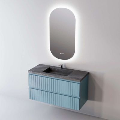 Meuble de salle de bain plan vasque Grès Cérame Noir Allure, 2 Tiroirs,l80xh54xp45, Laqué Cobalt Mat, GLOW