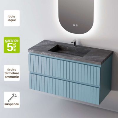 Meuble de salle de bain plan vasque Grès Cérame Noir Allure, 2 Tiroirs,l80xh54xp45, Laqué Cobalt Mat, GLOW